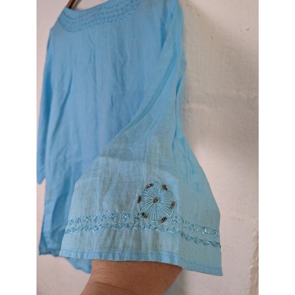 Beaded Boho Linen Tunic Blouse Womens 14 16 Aqua Blue Lagenlook Hippie Fairy - Picture 4 of 9